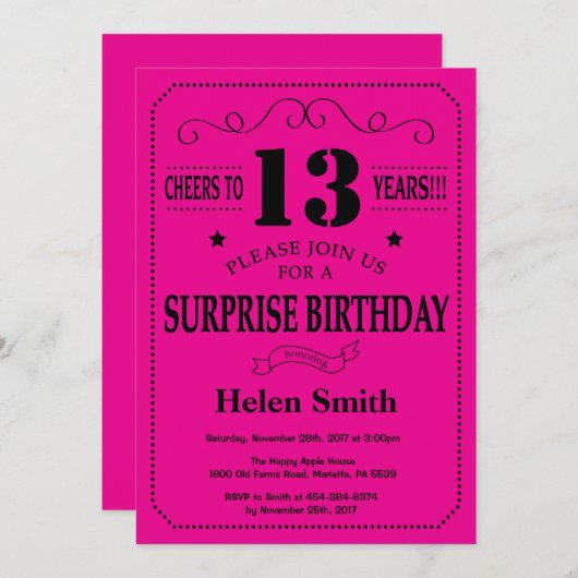 Verrassing 13e Verjaardag Zwart en Hot Pink Kaart (Voorkant / Achterkant)