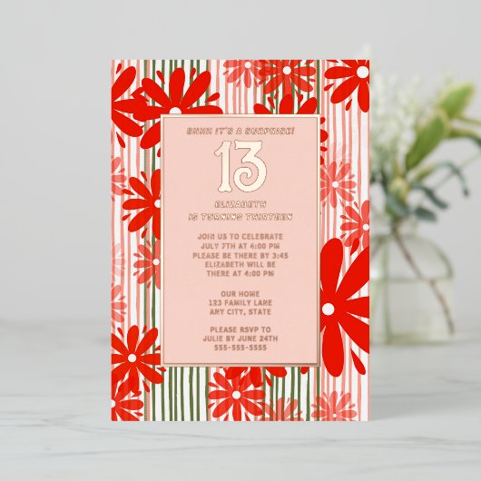 Verrassing 13e verjaardagsfeest Bloeiende Bloemenp Folie Uitnodiging (Staand Voorkant)