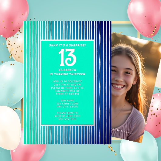 Verrassing 13e verjaardagsfeest Bright Blue Girly Folie Uitnodiging
