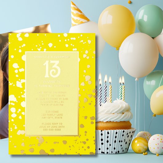 Verrassing 13e verjaardagsfeest Helder Geel Blingy Folie Uitnodiging