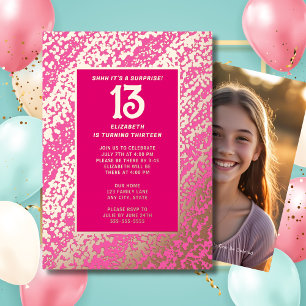 Verrassing 13e verjaardagsfeest Hot Pink Preppy Bi Folie Uitnodiging