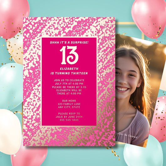 Verrassing 13e verjaardagsfeest Hot Pink Preppy Bi Folie Uitnodiging