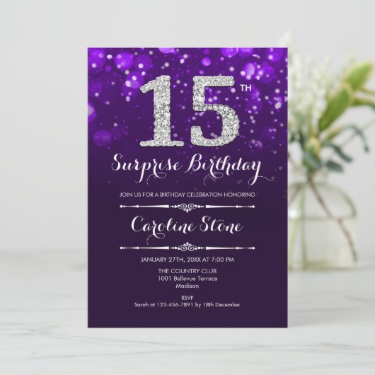 Verrassing 15e verjaardag - Paarse zilveren Kaart (Staand voorkant)