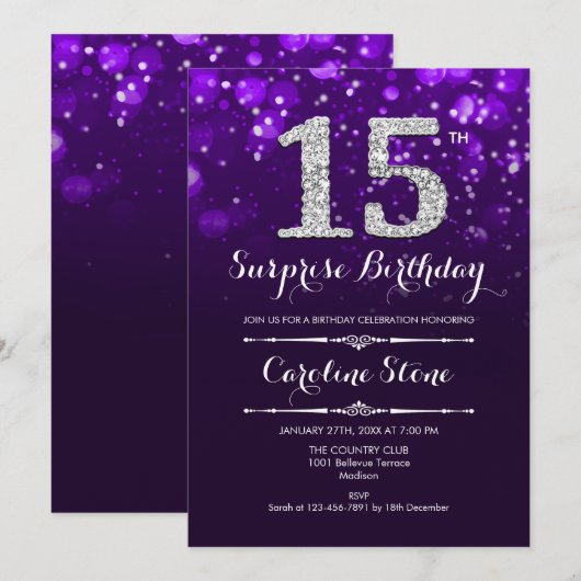 Verrassing 15e verjaardag - Paarse zilveren Kaart (Voorkant / Achterkant)