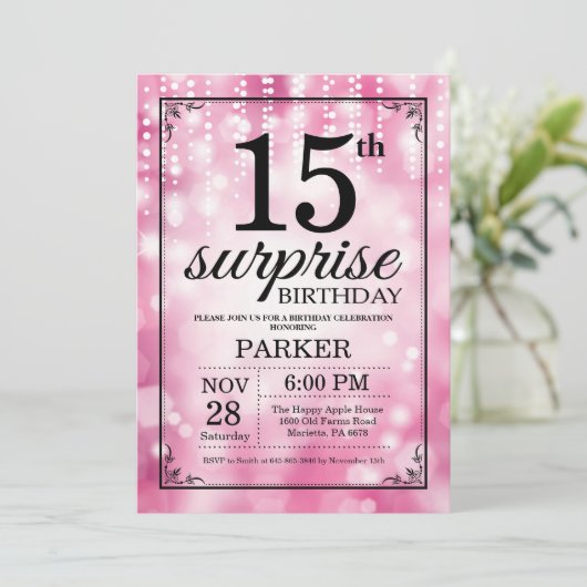 Verrassing 15e verjaardag uitnodiging roze glitter (Staand voorkant)