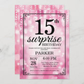 Verrassing 15e verjaardag uitnodiging roze glitter (Voorkant / Achterkant)