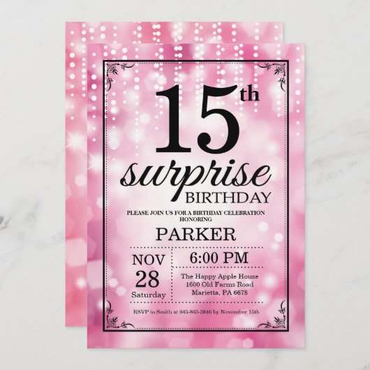 Verrassing 15e verjaardag uitnodiging roze glitter (Voorkant / Achterkant)