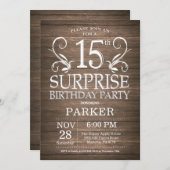 Verrassing 15e verjaardag uitnodiging rustiek hout (Voorkant / Achterkant)