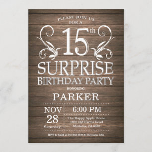 Verrassing 15e verjaardag uitnodiging rustiek hout