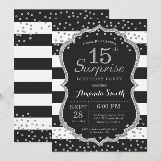 Verrassing 15e verjaardag uitnodiging. Zilver Glit Kaart (Voorkant / Achterkant)