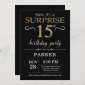 Verrassing 15e verjaardag uitnodiging zwart en gou (Voorkant / Achterkant)