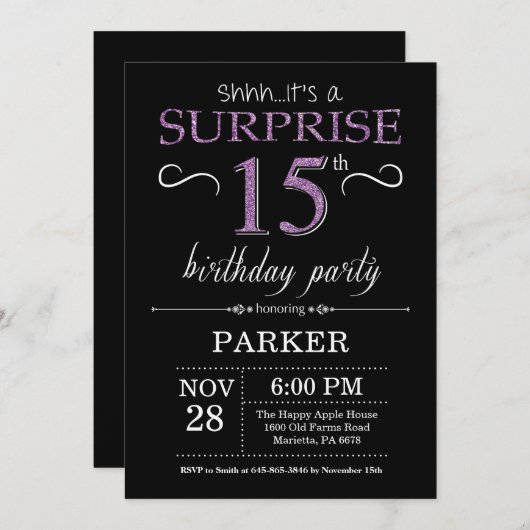 Verrassing 15e verjaardag uitnodiging zwart en Paa (Voorkant / Achterkant)