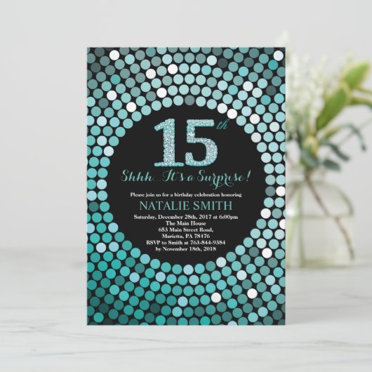 Verrassing 15e verjaardag zwart en Blauwgroen glit Kaart (Staand voorkant)