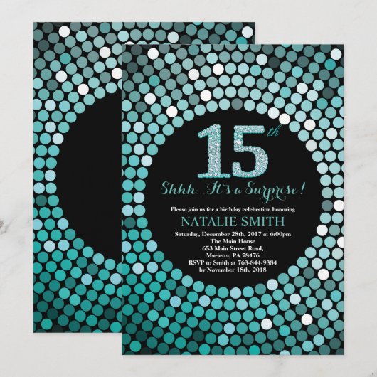 Verrassing 15e verjaardag zwart en Blauwgroen glit Kaart (Voorkant / Achterkant)