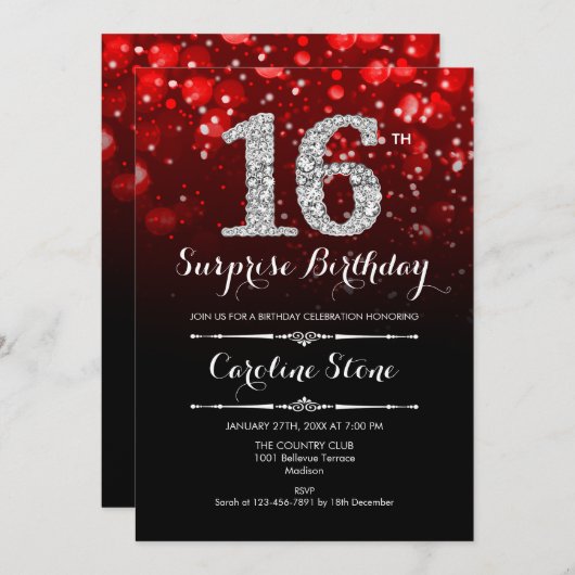 Verrassing 16e verjaardag - Black Red Silver Kaart (Voorkant / Achterkant)