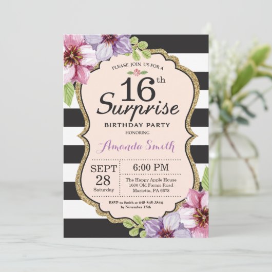 Verrassing 16e Verjaardag Uitnodiging Bloemen Teen (Staand voorkant)