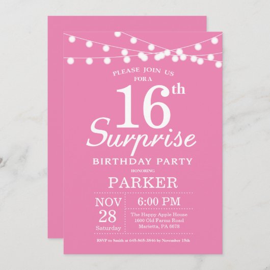 Verrassing 16e verjaardag uitnodiging roze (Voorkant / Achterkant)