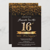 Verrassing 16e verjaardag uitnodiging zwart en gou (Voorkant / Achterkant)