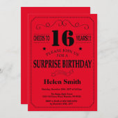 Verrassing 16e verjaardag uitnodiging zwart en roo (Voorkant / Achterkant)