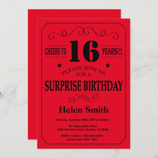 Verrassing 16e verjaardag uitnodiging zwart en roo (Voorkant / Achterkant)