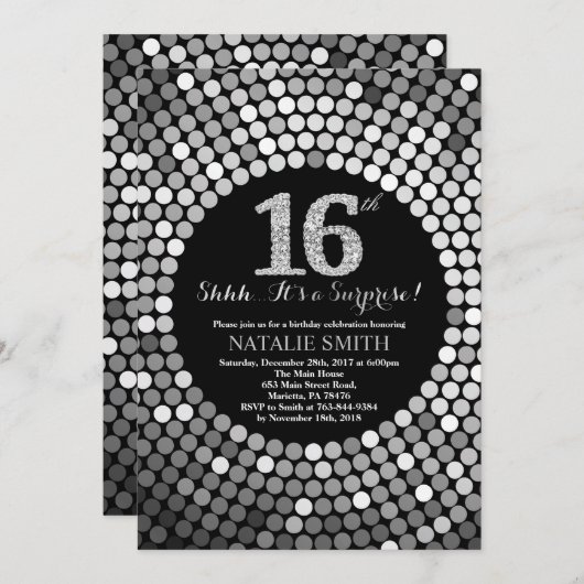 Verrassing 16e Verjaardag Zwart en Zilver Glitter Kaart (Voorkant / Achterkant)
