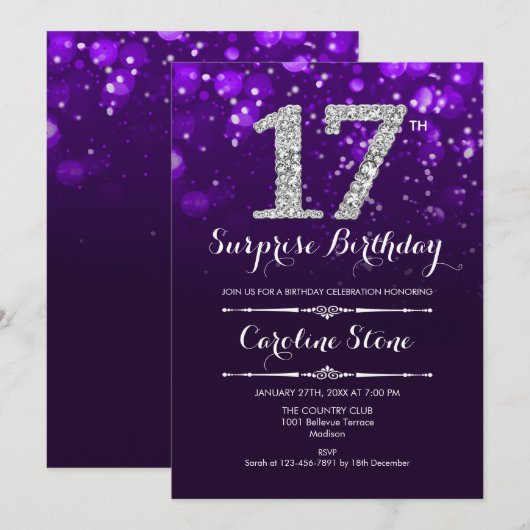 Verrassing 17e verjaardag - Paarse zilveren Kaart (Voorkant / Achterkant)