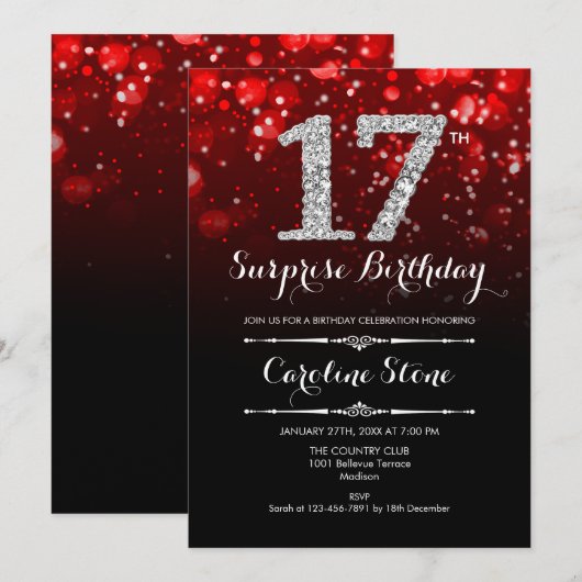 Verrassing 17e verjaardag - Zwart Rood Zilver Kaart (Voorkant / Achterkant)