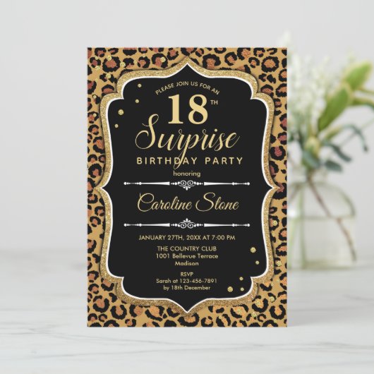Verrassing 18e verjaardag - Leopard Zwart Goud Kaart (Staand voorkant)