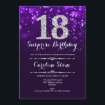 Verrassing 18e Verjaardag - Paarse Zilver Kaart<br><div class="desc">Verrassing 18e verjaardag uitnodiging. Elegant paarse ontwerp met faux glitter zilver. Volwassen verjaardag. Beschikt over diamanten,  bokeh-lampen en script lettertype. Mannen of vrouwen bday uitnodigen. Perfect voor een stijlvol verjaardagsfeestje. Stuur me een bericht als je verder moet worden aangepast.</div>