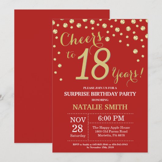 Verrassing 18e Verjaardag Rood en Gouden Diamant Kaart (Voorkant / Achterkant)