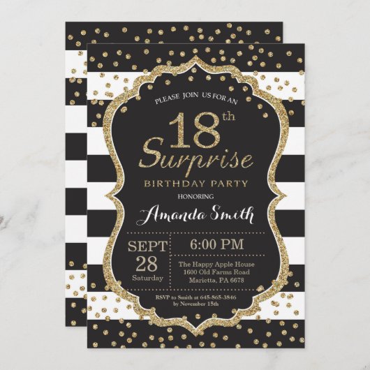 Verrassing 18e verjaardag uitnodiging. goudglitter kaart (Voorkant / Achterkant)