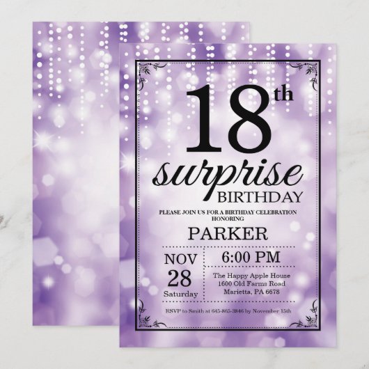 Verrassing 18e verjaardag uitnodiging Paarse glitt (Voorkant / Achterkant)