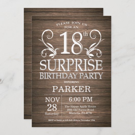 Verrassing 18e verjaardag uitnodiging rustiek hout (Voorkant / Achterkant)
