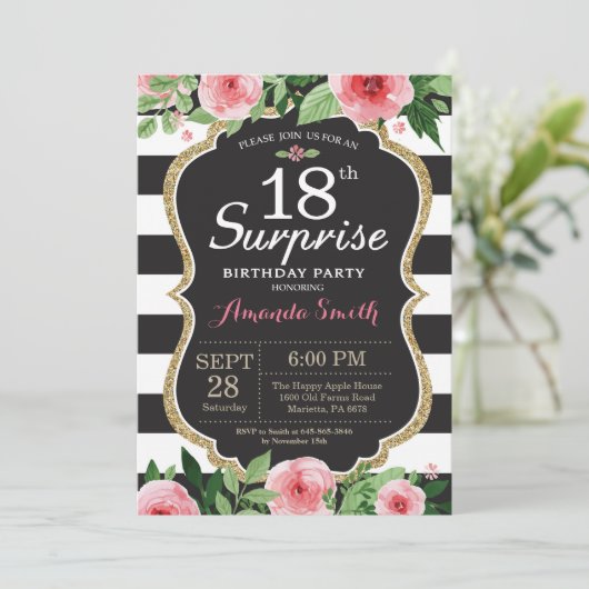 Verrassing 18e verjaardag uitnodiging vrouwen. Flo (Staand voorkant)