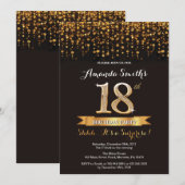Verrassing 18e verjaardag uitnodiging zwart en gou (Voorkant / Achterkant)