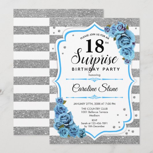 Verrassing 18e verjaardag - Zilver Wit Blauw Kaart (Voorkant / Achterkant)