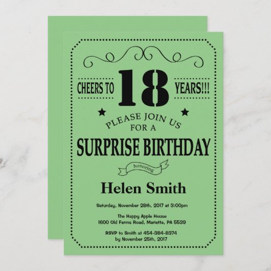 Verrassing 18e verjaardag zwart en groen kaart (Voorkant / Achterkant)