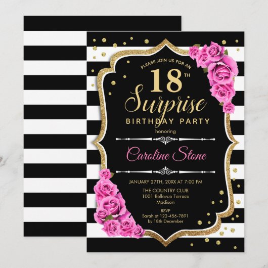 Verrassing 18e verjaardag - Zwart Wit Roze Kaart (Voorkant / Achterkant)
