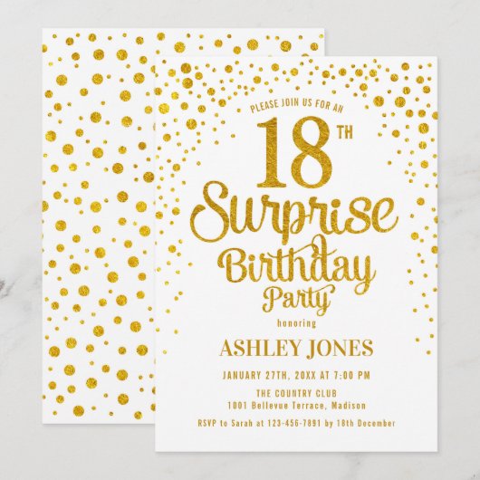 Verrassing 18e Verjaardagsfeest - Goud & Wit Kaart (Voorkant / Achterkant)
