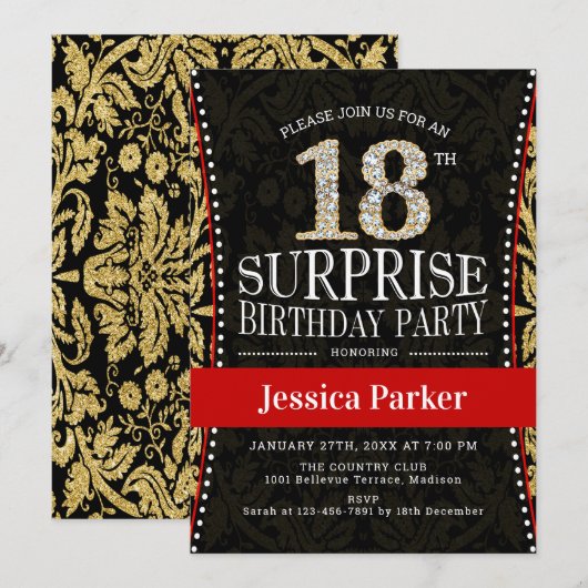 Verrassing 18e Verjaardagsfeest - Goud Zwart Rood Kaart (Voorkant / Achterkant)