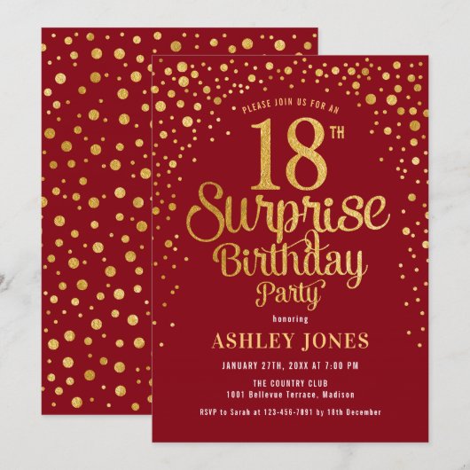Verrassing 18e Verjaardagsfeest - Rood & Goud Kaart (Voorkant / Achterkant)