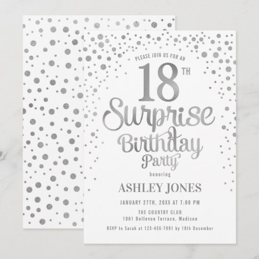 Verrassing 18e Verjaardagsfeest - Zilver & Wit Kaart (Voorkant / Achterkant)