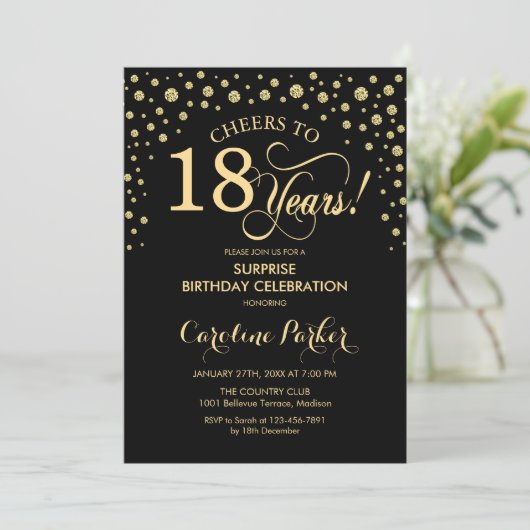 Verrassing 18e Verjaardagsfeestje - Goud Zwart Kaart (Staand voorkant)