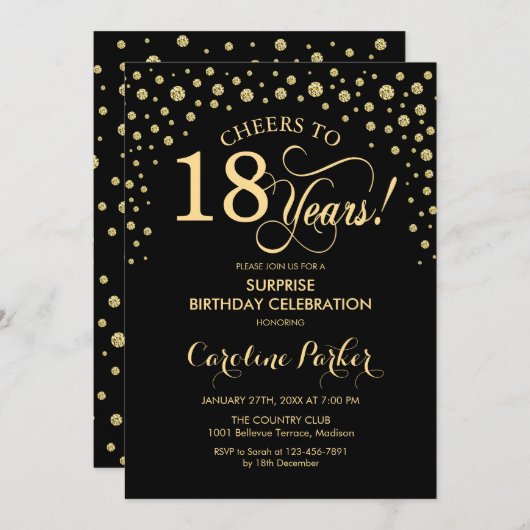 Verrassing 18e Verjaardagsfeestje - Goud Zwart Kaart (Voorkant / Achterkant)
