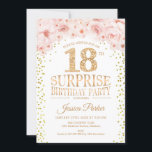 Verrassing 18e verjaardagsfeestje - wit goud roze kaart<br><div class="desc">Verrassing 18e verjaardag feestuitnodiging. Elegant design in faux glitter goud,  wit en roze. Beschikt over confetti,  script lettertype en waterverf blush roze bloemen. Stuur me een bericht als je verder moet worden aangepast.</div>