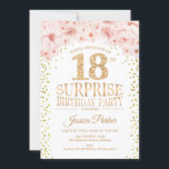 Verrassing 18e verjaardagsfeestje - wit goud roze kaart<br><div class="desc">Verrassing 18e verjaardag feestuitnodiging. Elegant design in faux glitter goud,  wit en roze. Beschikt over confetti,  script lettertype en waterverf blush roze bloemen. Stuur me een bericht als je verder moet worden aangepast.</div>
