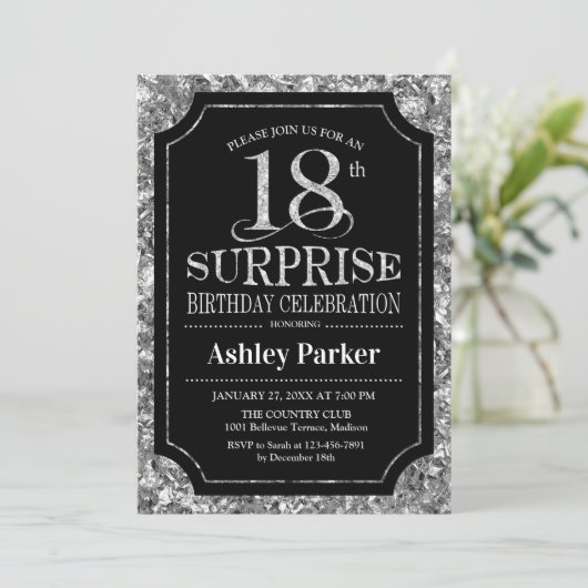 Verrassing 18e Verjaardagsfeestje - Zilver Zwart Kaart (Staand voorkant)