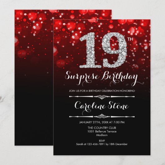 Verrassing 19e Verjaardag - Rood Zwart Zilver Kaart (Voorkant / Achterkant)