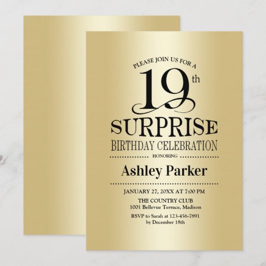 Verrassing 19e Verjaardagsfeest - Goud Kaart (Voorkant / Achterkant)