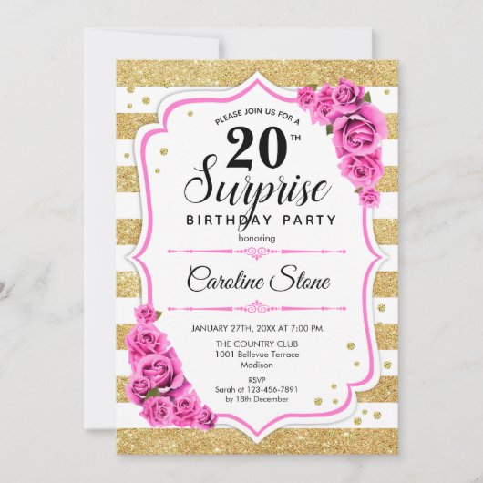 Verrassing 20e verjaardag - Goud Wit Roze Kaart (Voorkant)